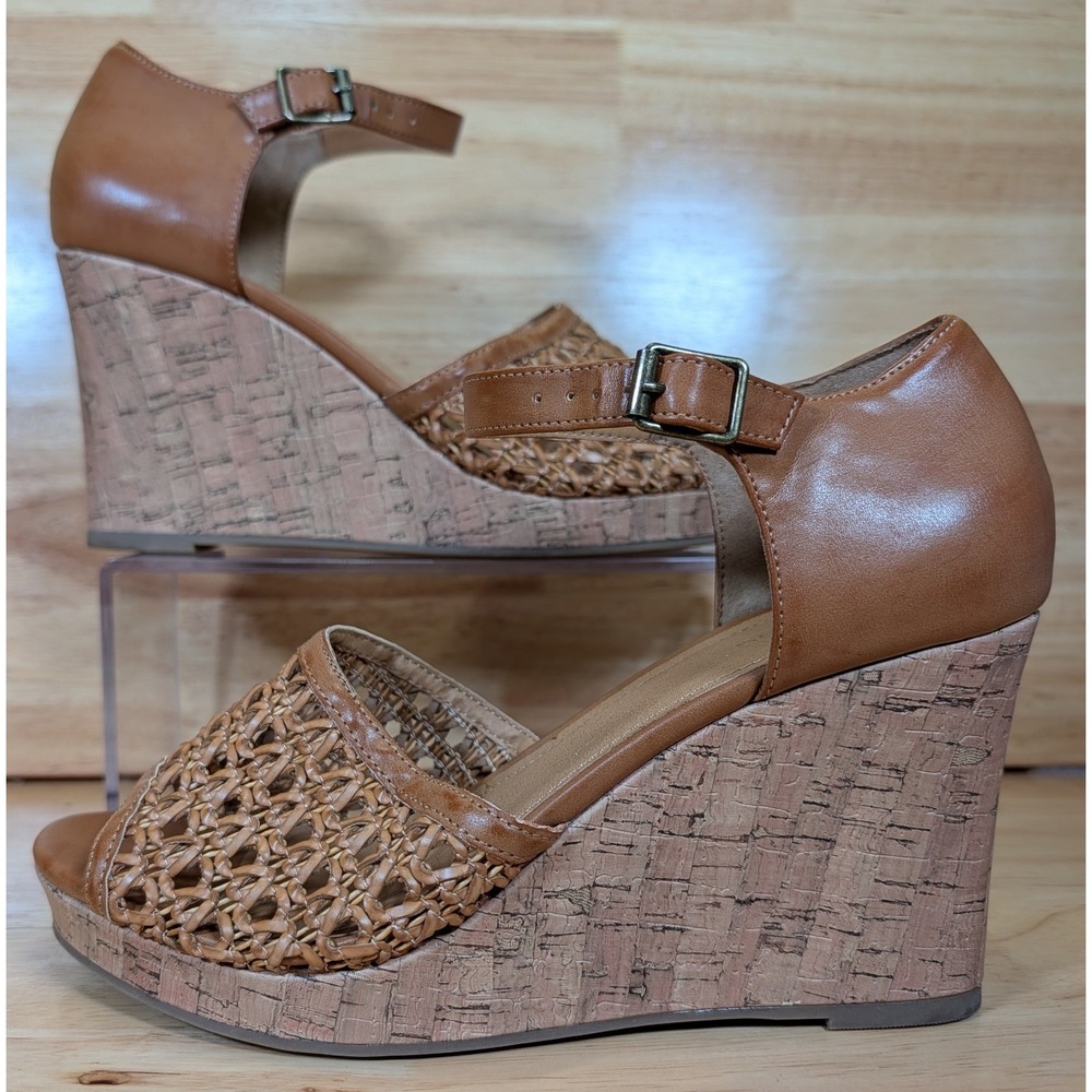 Maurices Eloise Cognac Brown Woven Cork Wedge Sandals Ankle Strap Womens Size 9